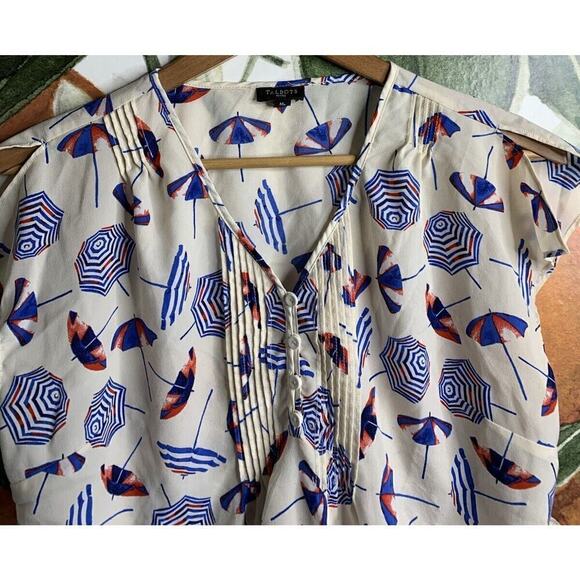 Talbots Petites MP Sleeveless Summer Umbrella Print Semi Sheer Blouse Pleated - Picture 2 of 5